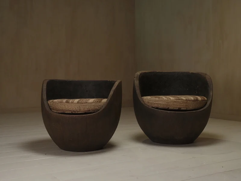 Sculptural mid-century hand-carved pair lounge chairs