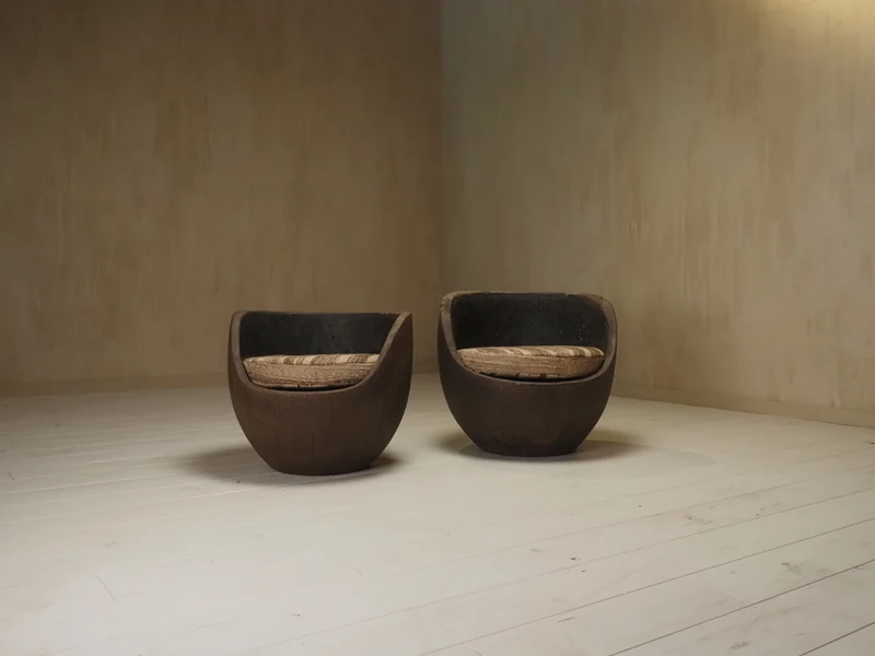 Sculptural mid-century hand-carved pair lounge chairs