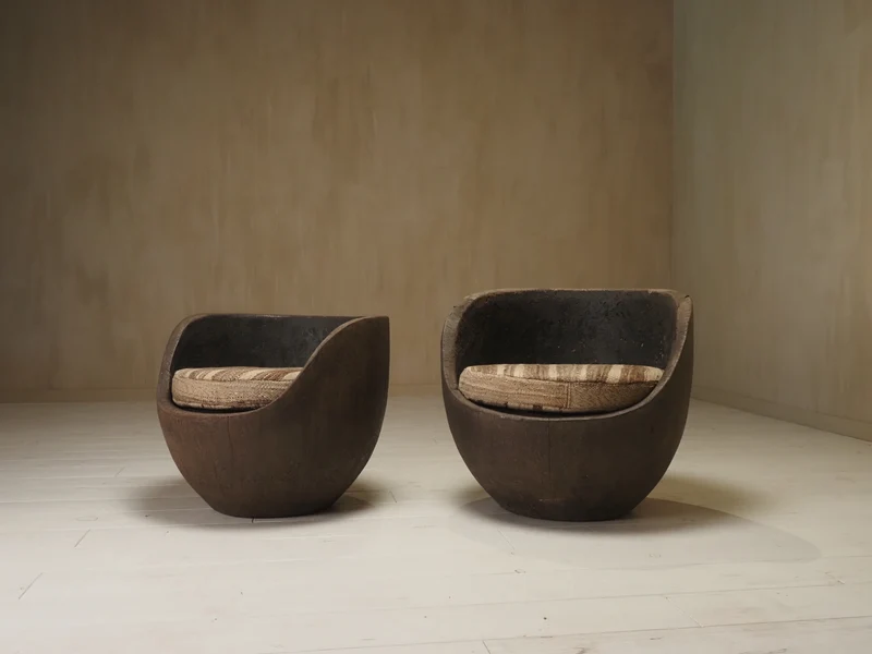 Sculptural mid-century hand-carved pair lounge chairs