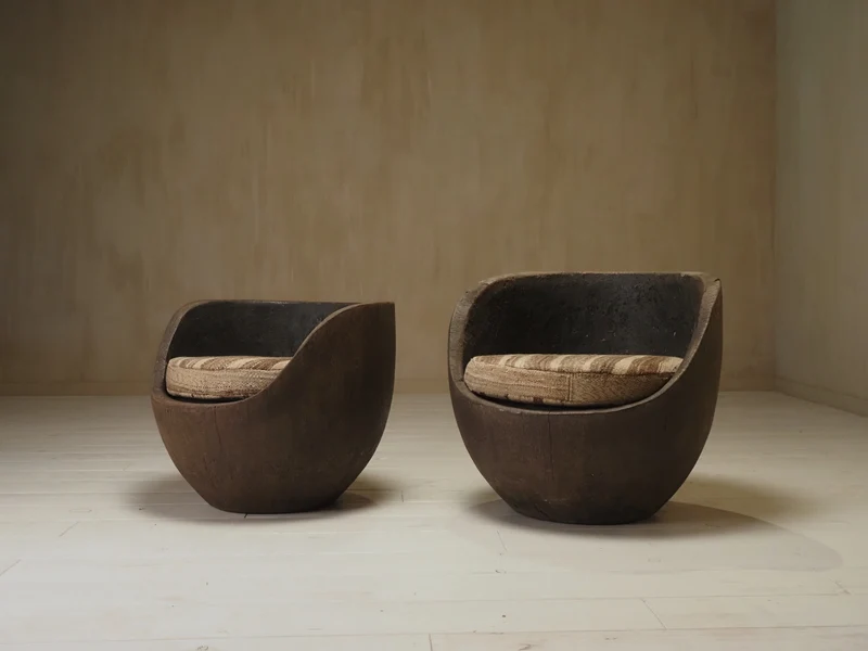 Sculptural mid-century hand-carved pair lounge chairs