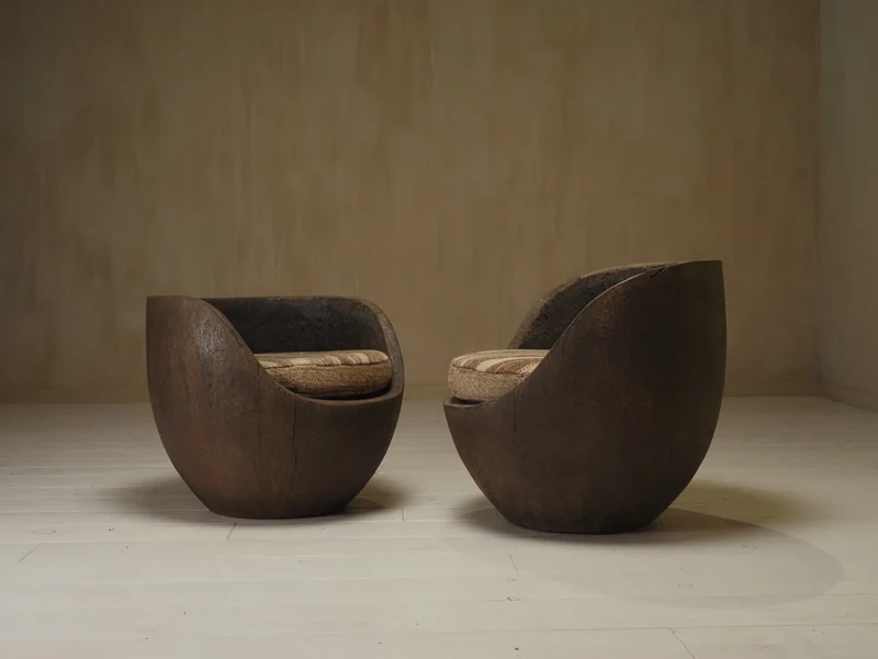 Sculptural mid-century hand-carved pair lounge chairs
