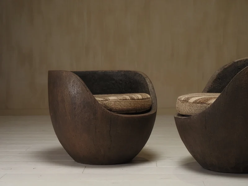 Sculptural mid-century hand-carved pair lounge chairs