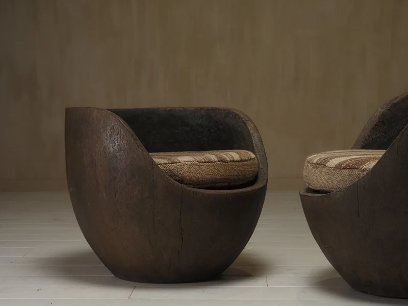 Sculptural mid-century hand-carved pair lounge chairs