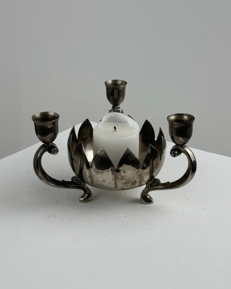 Three-Light Silver-Plated Table Candelabrum with Lotus Motif