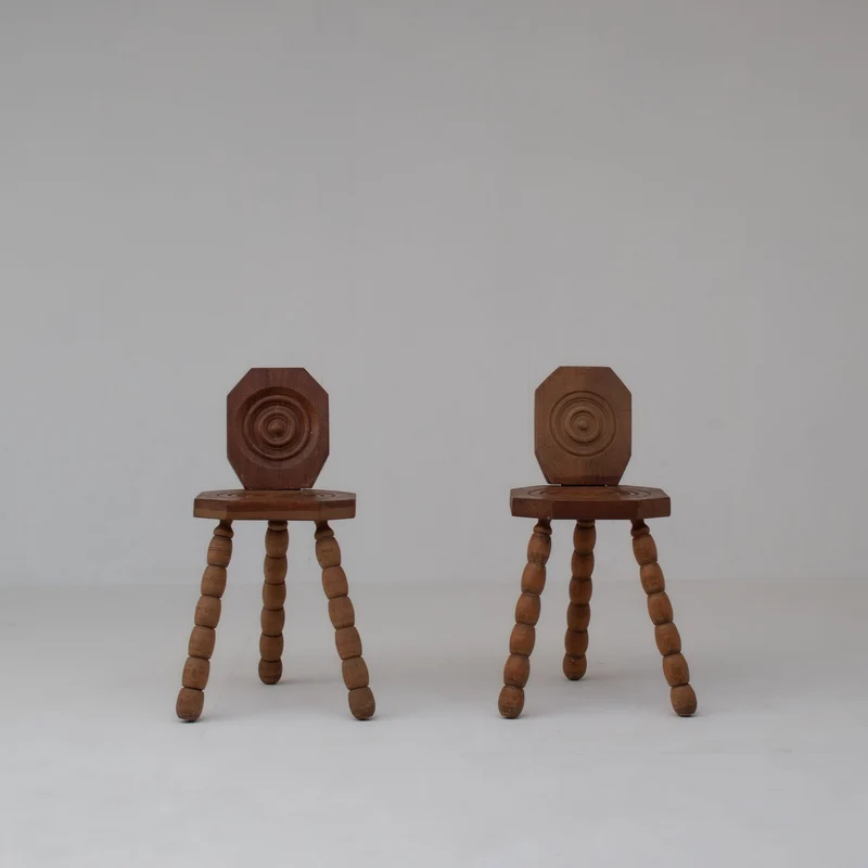 Pair of Sculptural Bobbin Stools with Backrests