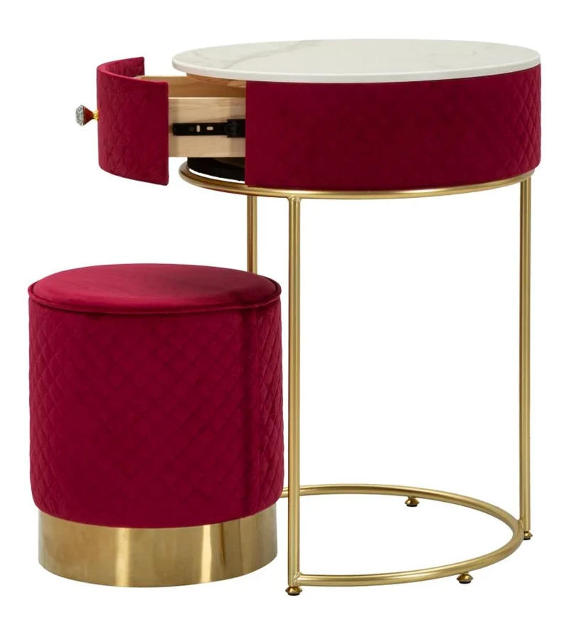 Table de chevet rouge avec pouf assorti et plateau en marbre – Coiffeuse Velit