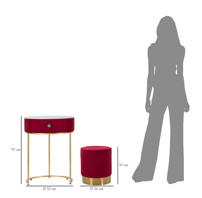 Table de chevet rouge avec pouf assorti et plateau en marbre – Coiffeuse Velit