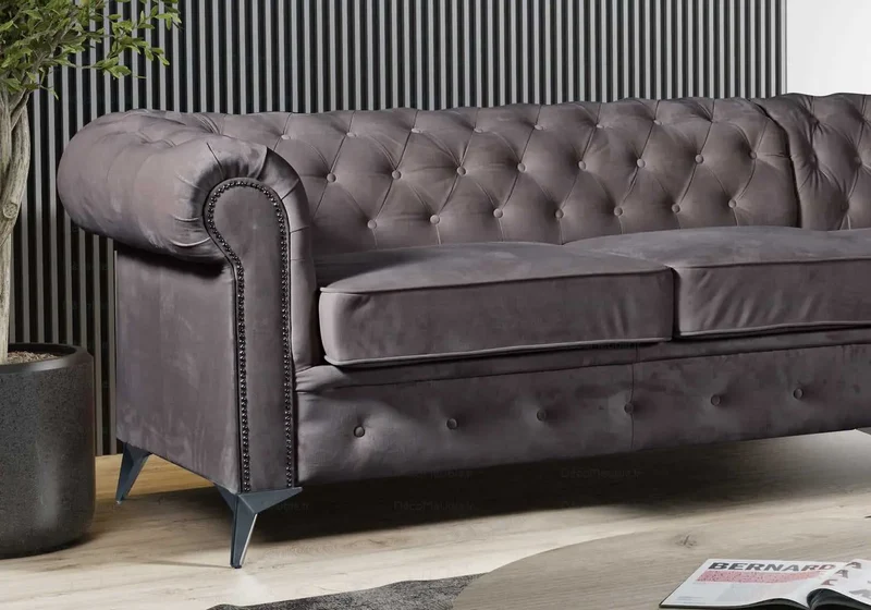 Canapé angle Chesterfield velours anthracite - Hugo