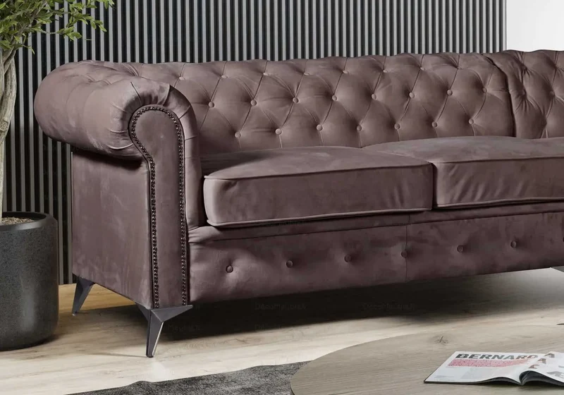 Canapé angle Chesterfield velours moka - Hugo