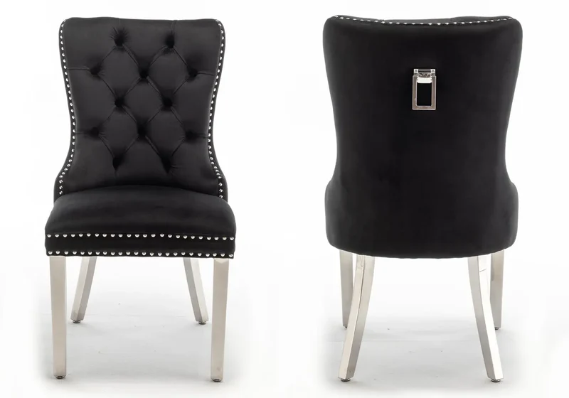 Chaises en velours noir avec poignée argentée - Lora x2