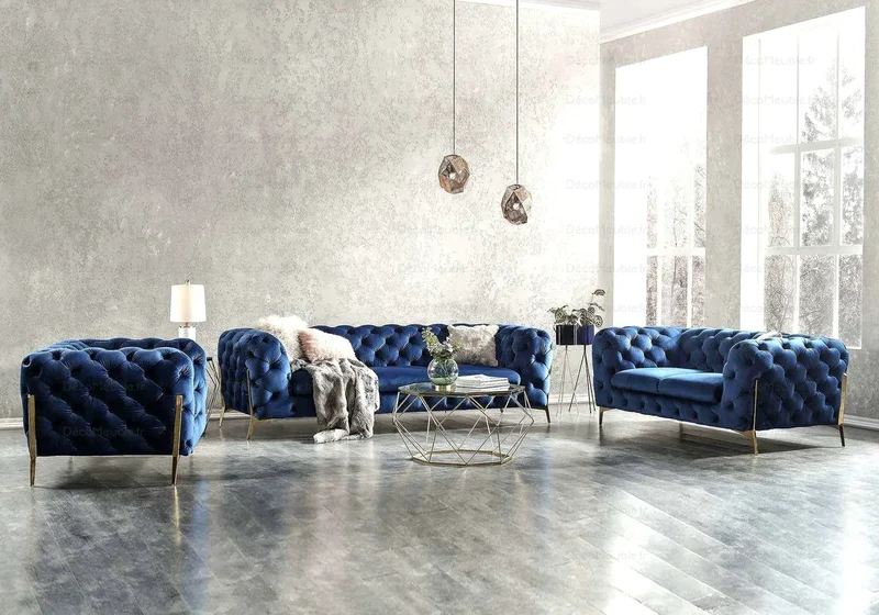 Canapés 3+2+1 chesterfield bleu PACO