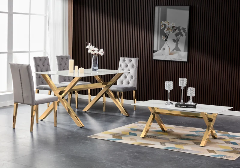 Table marbre blanc et 4 chaises X dorées - Cross