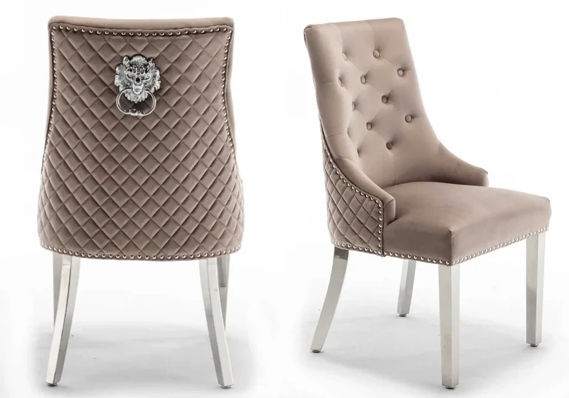Chaise capitonnée velours moka tête de lion argent - Lion x2