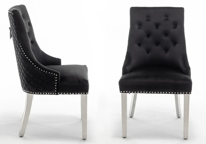 Chaise capitonnée velours noir anneau argent - Lidy x2