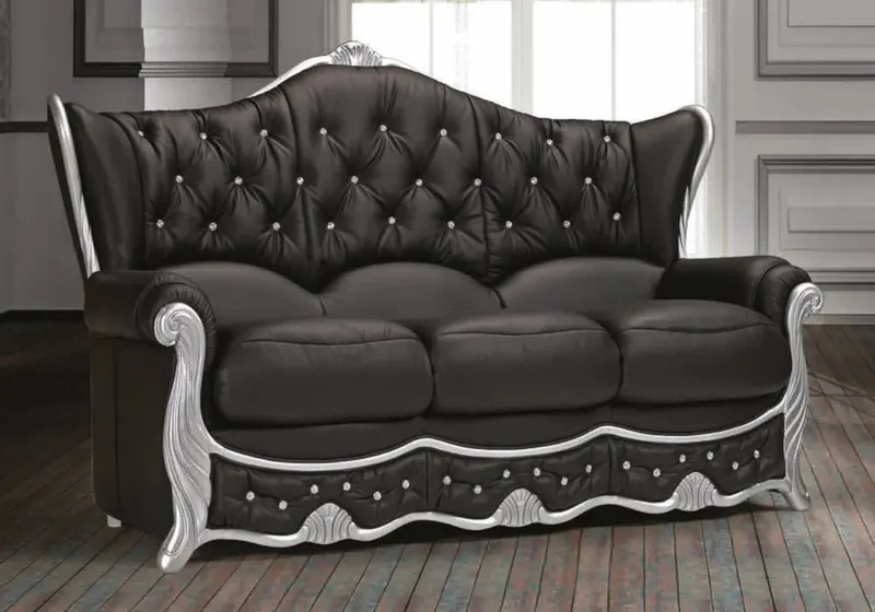 Canapé baroque argenté cuir noir DIANA