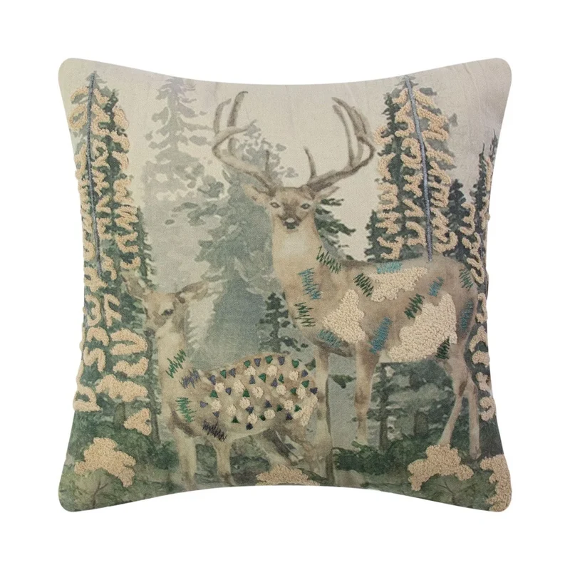 Coussin Beige Scène Forestière avec Cerf et Biche (Imprimé et Brodé)