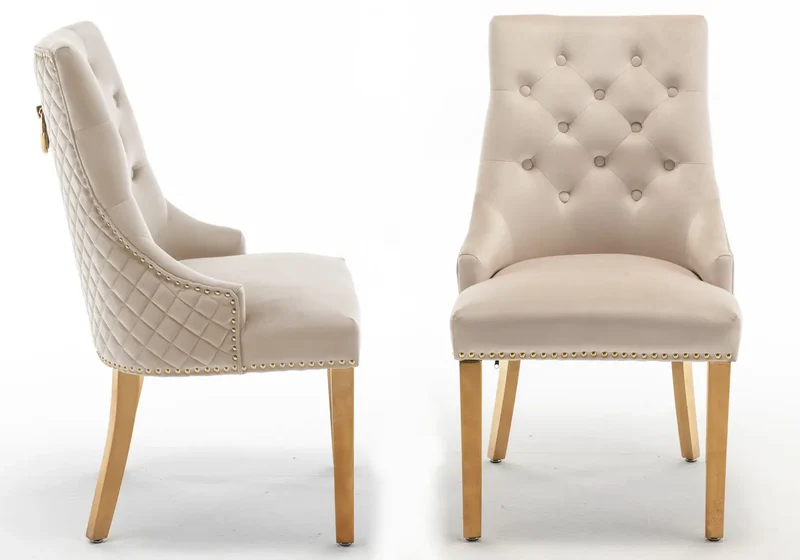 Chaise capitonnée velours beige anneau doré - Lidy x2