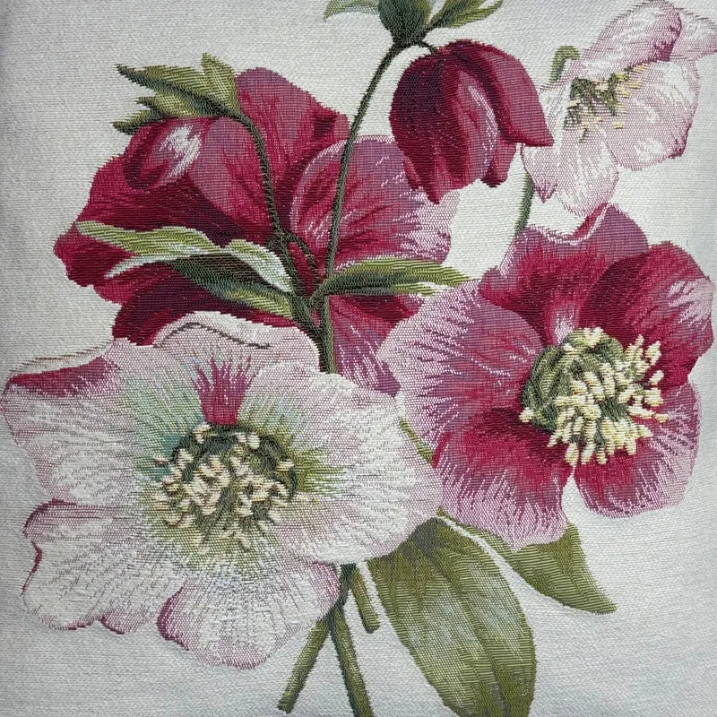 Coussin Blanc – Rose de Noël aux Fleurs Rouges (Tissage Jacquard)
