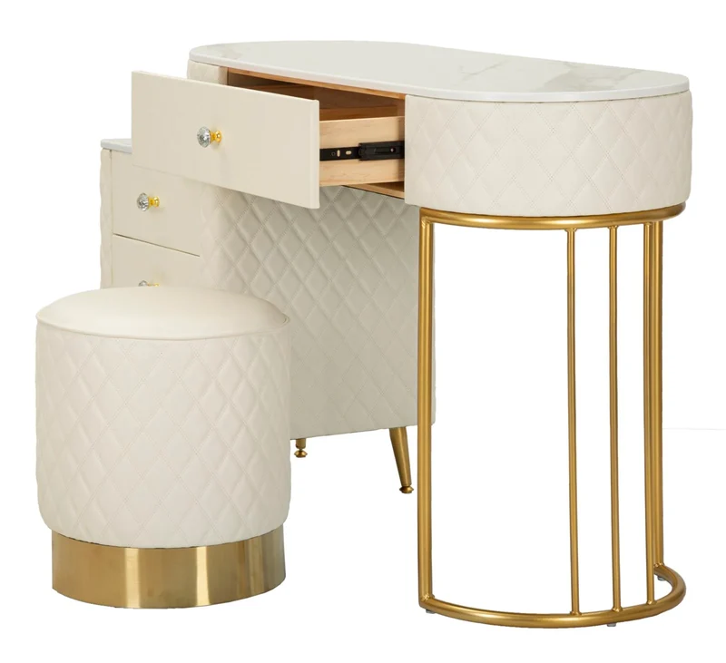 Bureau blanc avec tabouret assorti – Mobilier de chambre Sharon avec plateau en marbre