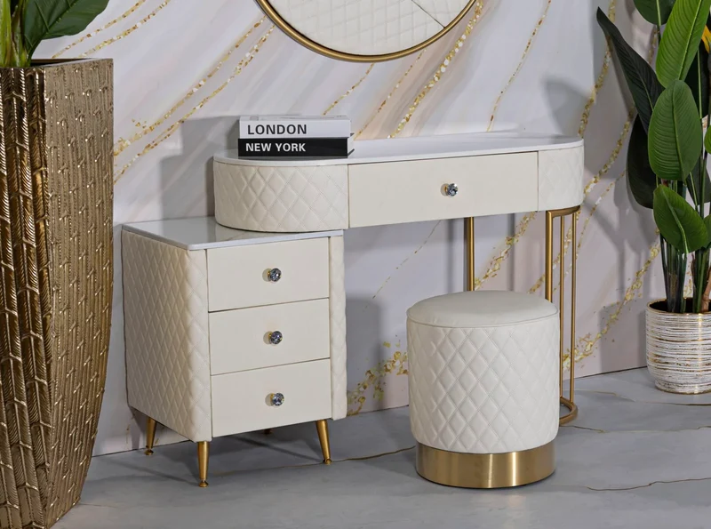 Bureau blanc avec tabouret assorti – Mobilier de chambre Sharon avec plateau en marbre