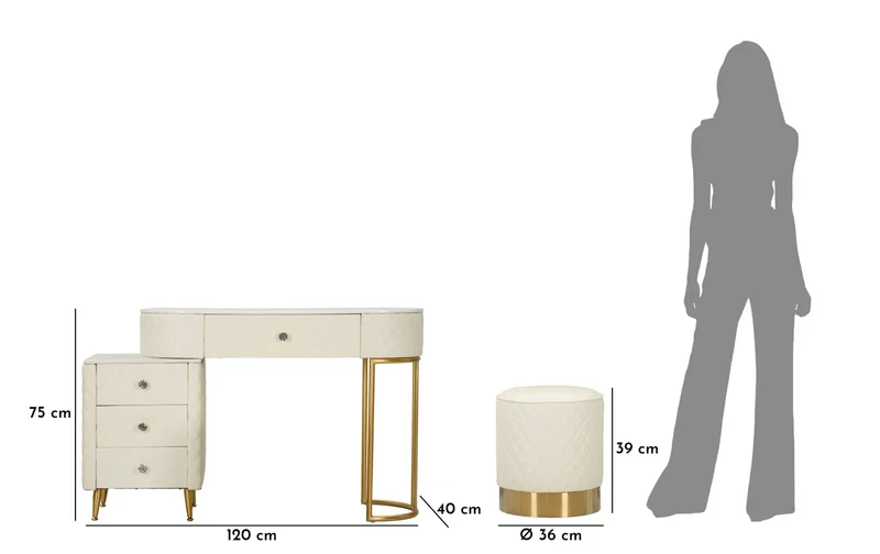 Bureau blanc avec tabouret assorti – Mobilier de chambre Sharon avec plateau en marbre