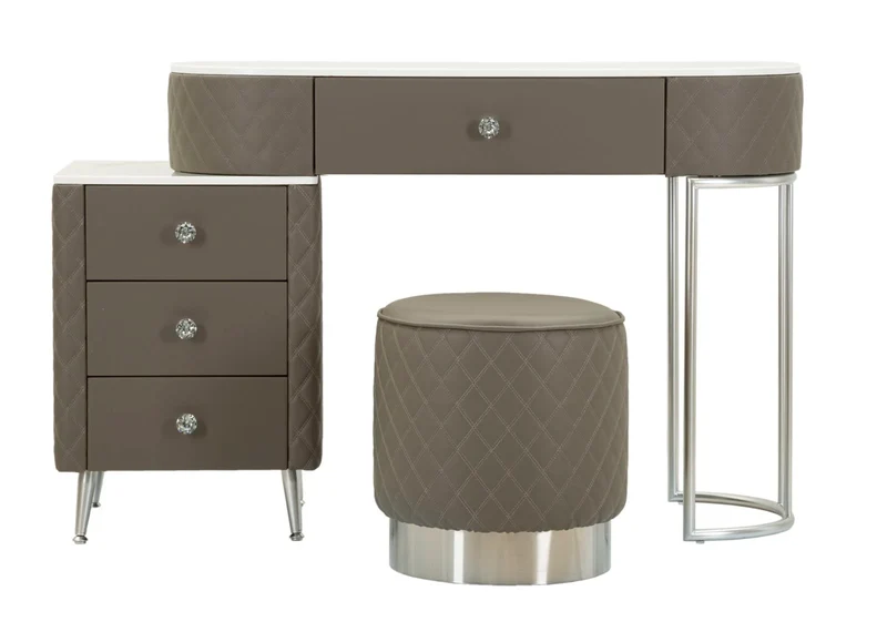 Bureau de lit gris avec tabouret et pieds argentés – Sharon Modern Style avec plateau en marbre