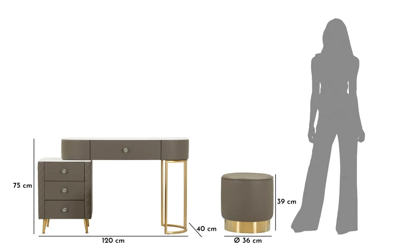 Bureau gris avec tabouret assorti – Mobilier de chambre Sharon avec plateau en marbre