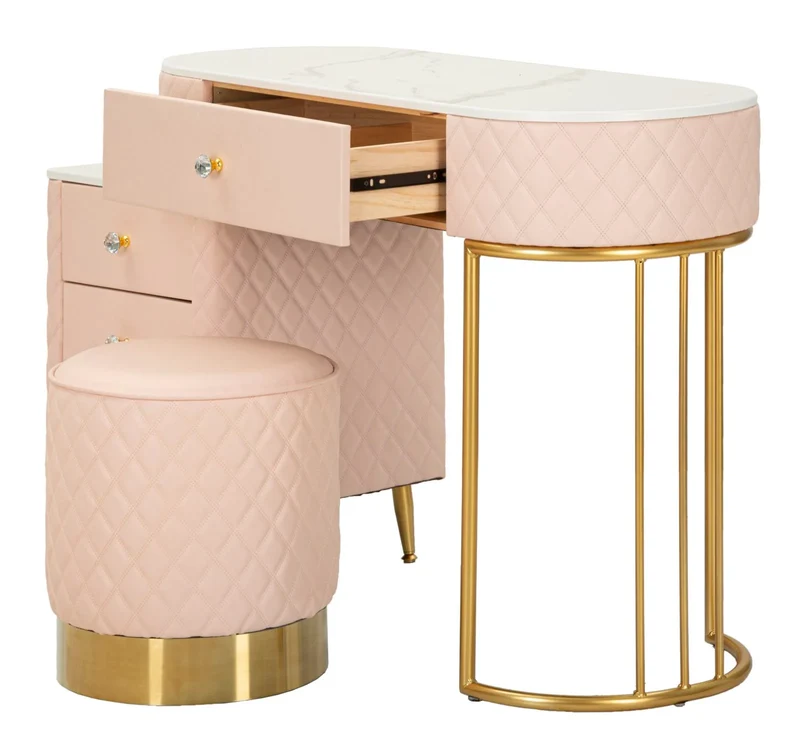 Bureau rose avec tabouret assorti – Mobilier de chambre Sharon avec plateau en marbre