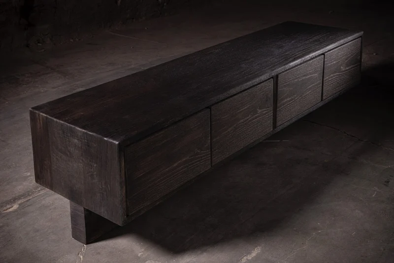 Obsidian Console, Burned Solid Oak, Shou Sugi Ban Technique.