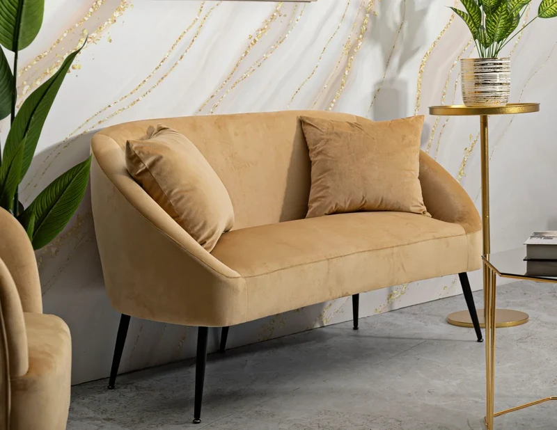 Canapé en velours beige avec coussins – Canapé 2 places Browy