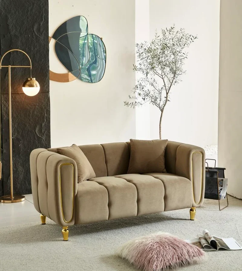 Canapé en velours gris avec coussins – Canapé 2 places Alma