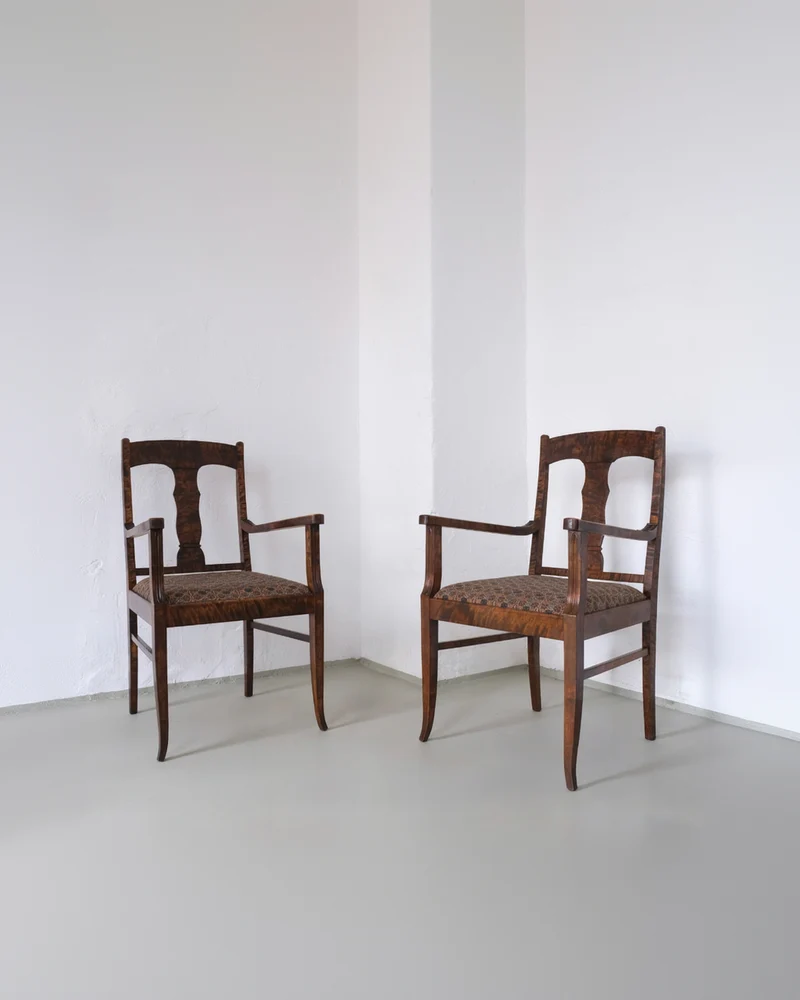 Set of 2 Biedermeier Satin Birch Armchairs, Sweden
