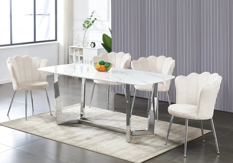Chaise de table coquillage velours beige pieds noir - Nymea x2
