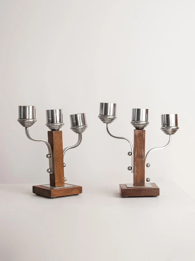Art Deco Candleholders Pair, Metal and Wood