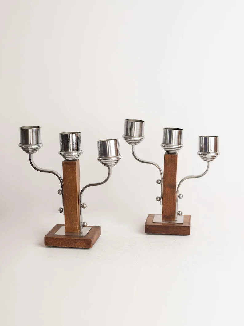 Art Deco Candleholders Pair, Metal and Wood