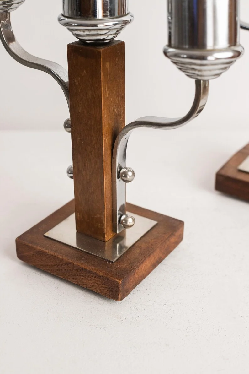 Art Deco Candleholders Pair, Metal and Wood