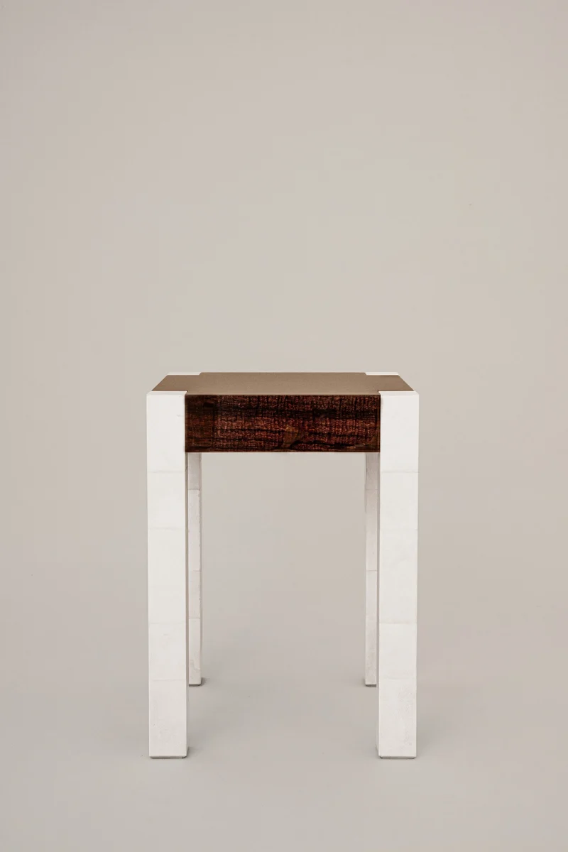 'Additions' Side Table Handcrafted in Wood Veneer & Parchment