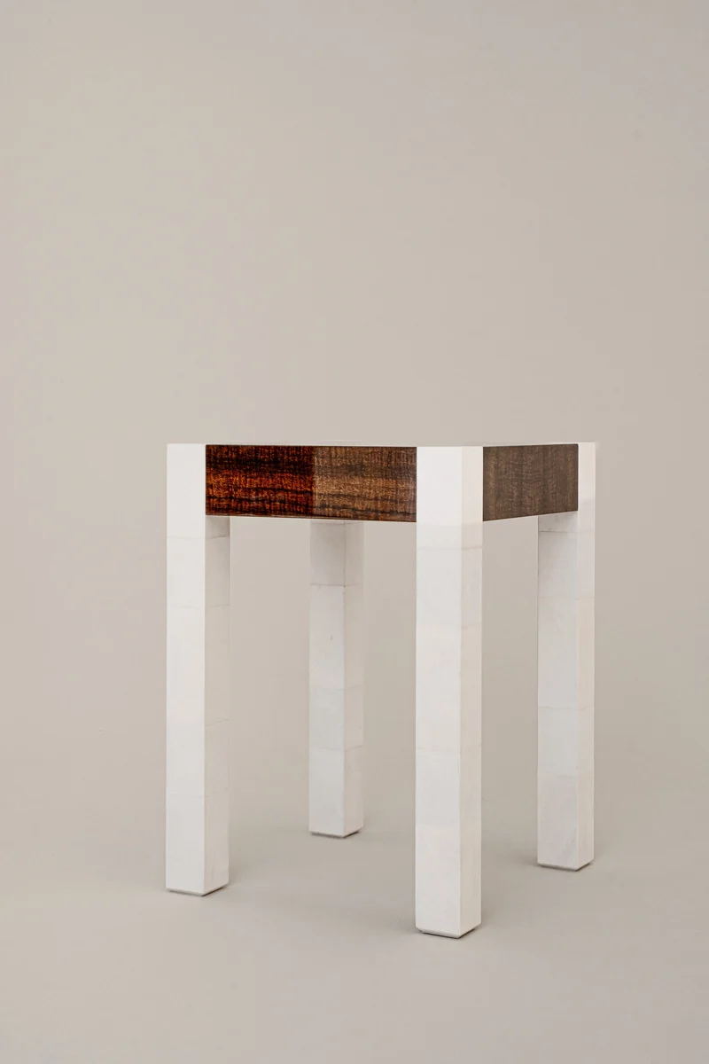 'Additions' Side Table Handcrafted in Wood Veneer & Parchment