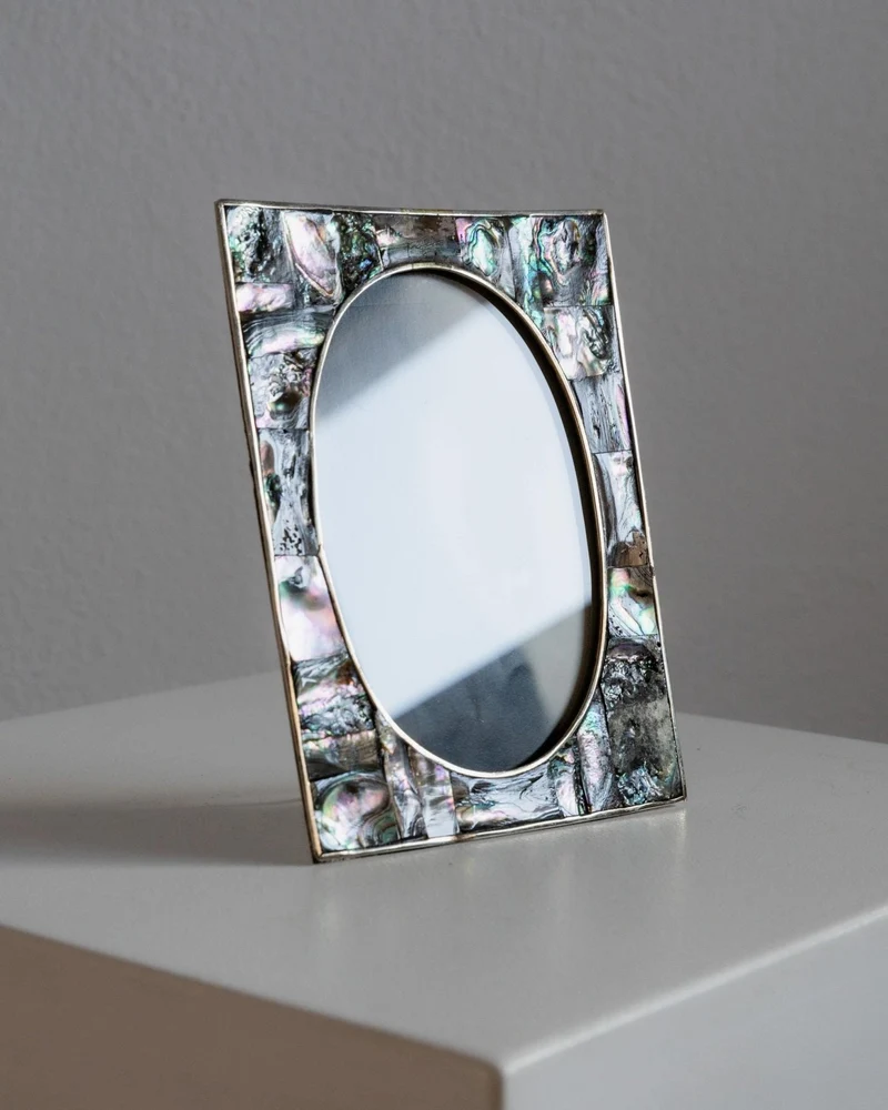 1950s Alpaca Silver Picture Frame, Mother of Pearl Details