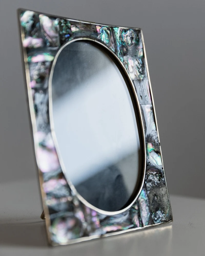 1950s Alpaca Silver Picture Frame, Mother of Pearl Details