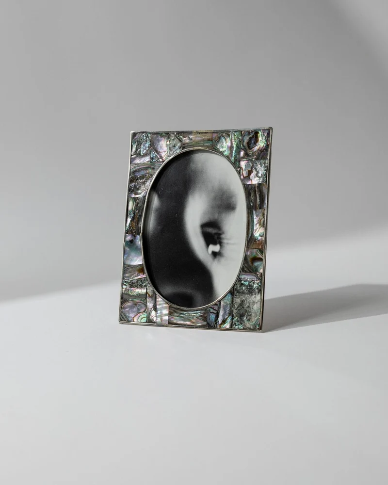 1950s Alpaca Silver Picture Frame, Mother of Pearl Details