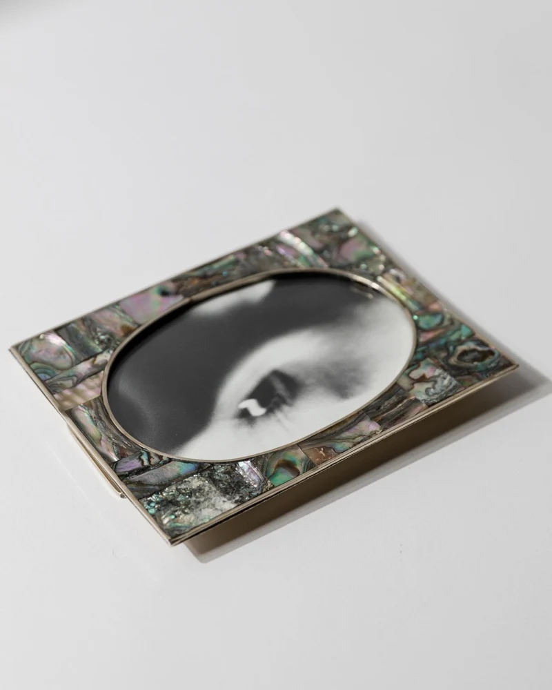 1950s Alpaca Silver Picture Frame, Mother of Pearl Details