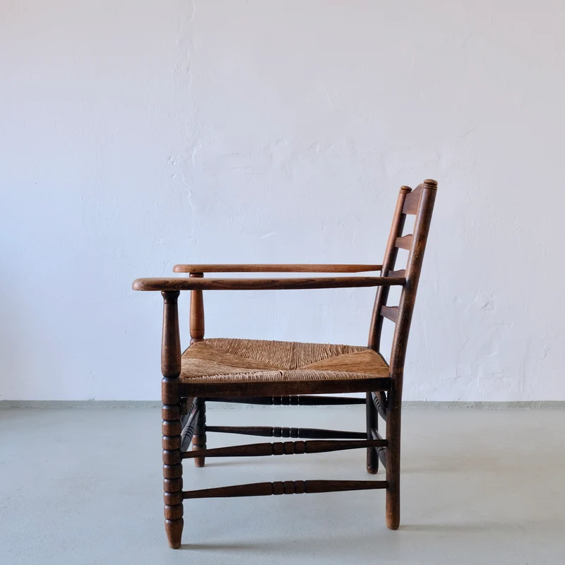 Rustic Bobbin Rush Seat Low Armchair, Netherlands 1940s