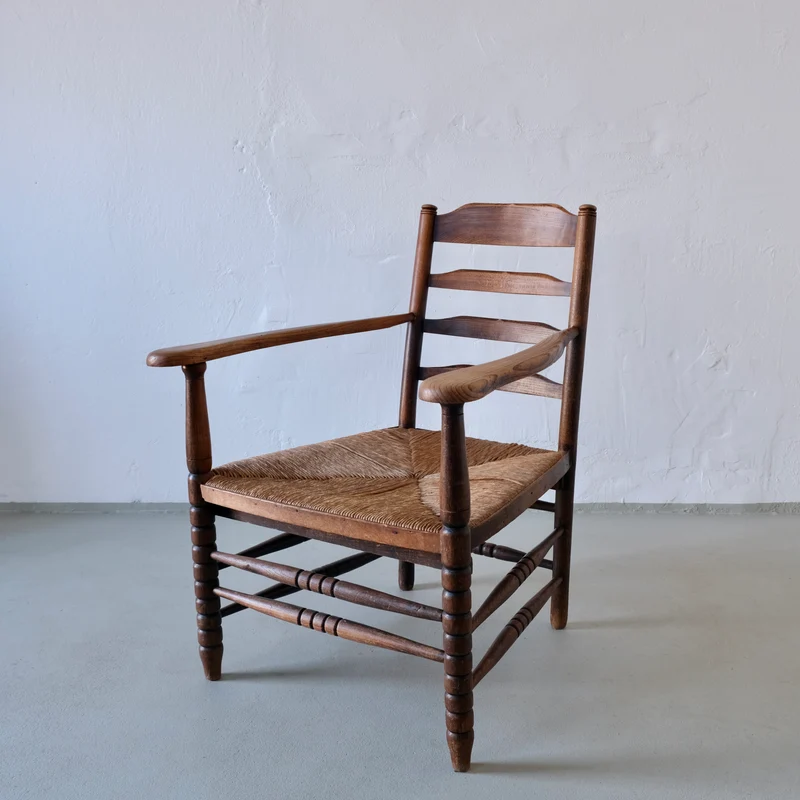 Rustic Bobbin Rush Seat Low Armchair, Netherlands 1940s
