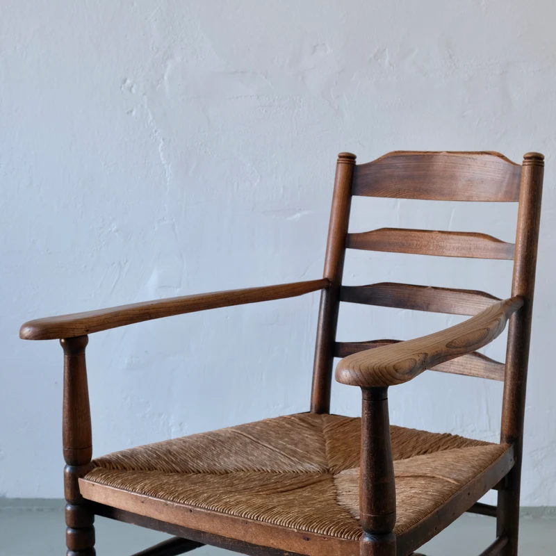 Rustic Bobbin Rush Seat Low Armchair, Netherlands 1940s