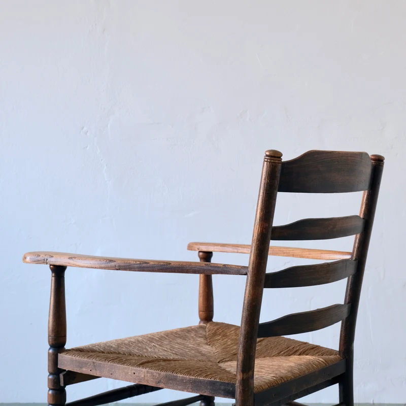 Rustic Bobbin Rush Seat Low Armchair, Netherlands 1940s