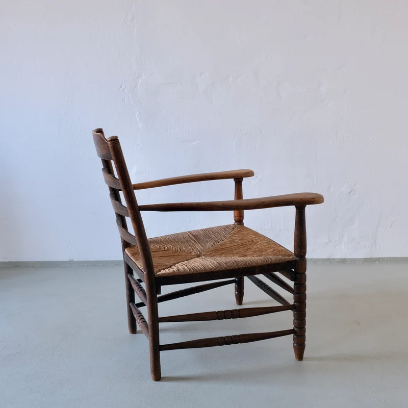 Rustic Bobbin Rush Seat Low Armchair, Netherlands 1940s
