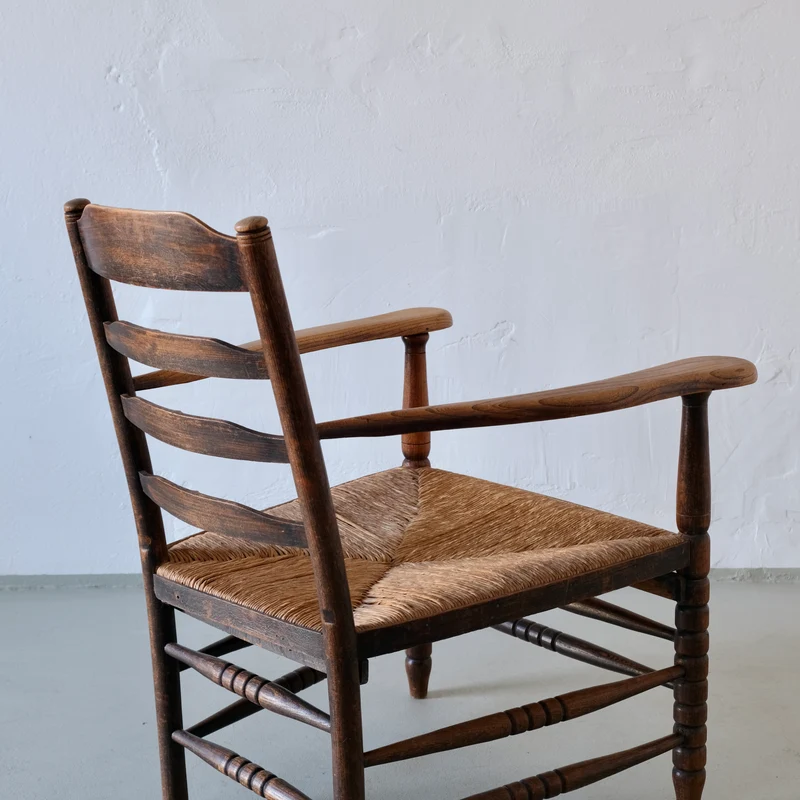 Rustic Bobbin Rush Seat Low Armchair, Netherlands 1940s