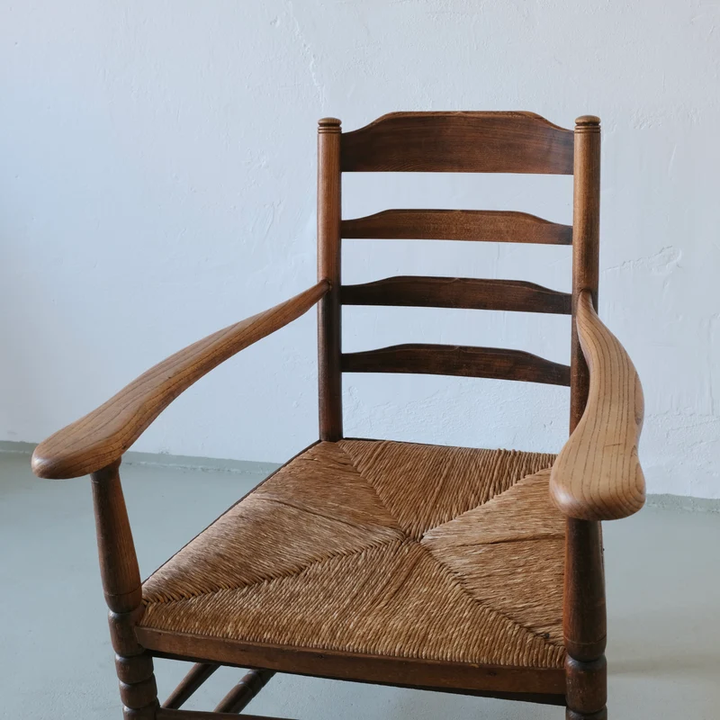 Rustic Bobbin Rush Seat Low Armchair, Netherlands 1940s