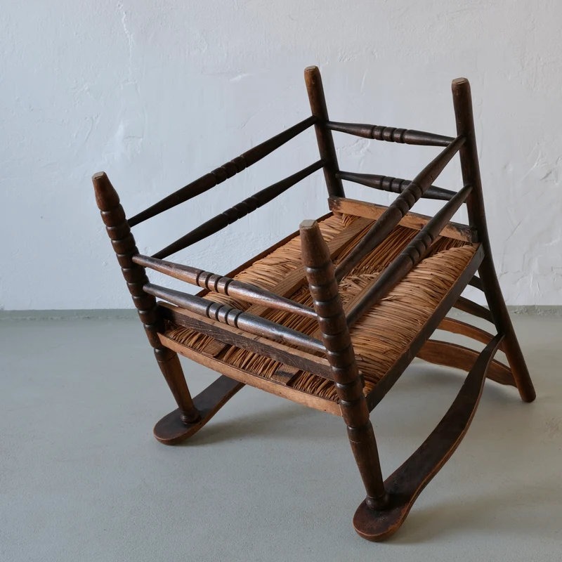 Rustic Bobbin Rush Seat Low Armchair, Netherlands 1940s